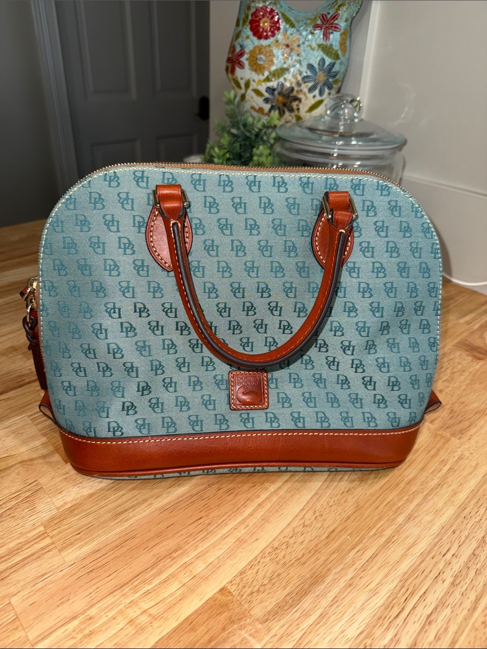 Dooney & Bourke Teal Signature Dome Satchel with Tan Leather Trim